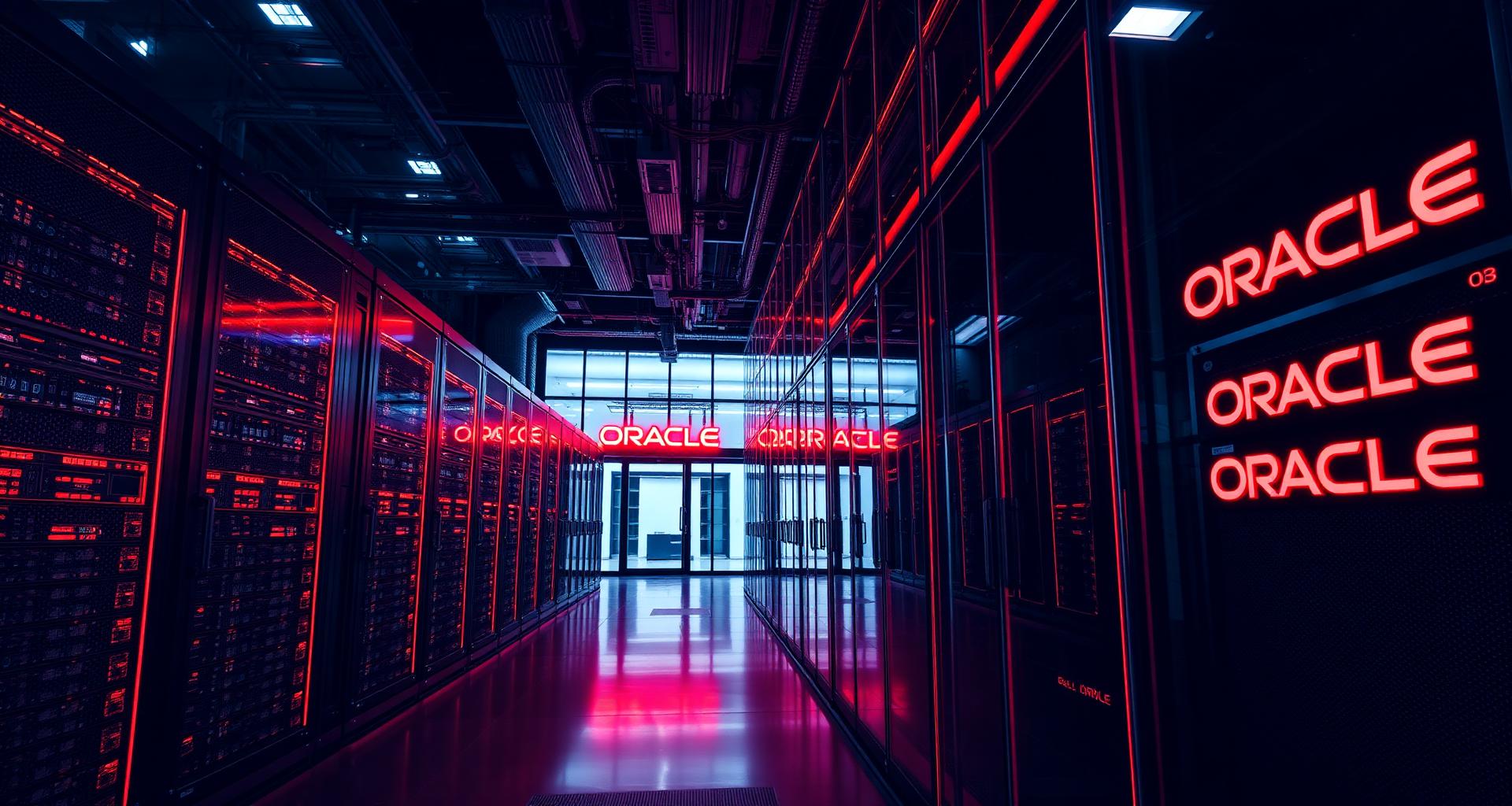 Oracle data center corridor with red-lit server racks and Oracle signage
