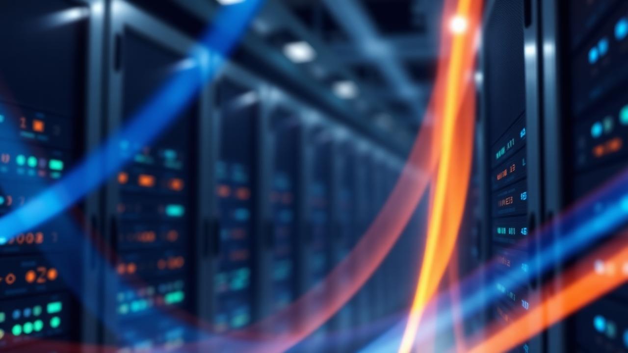 Data center racks lit with blue and amber light, representing cloud migration